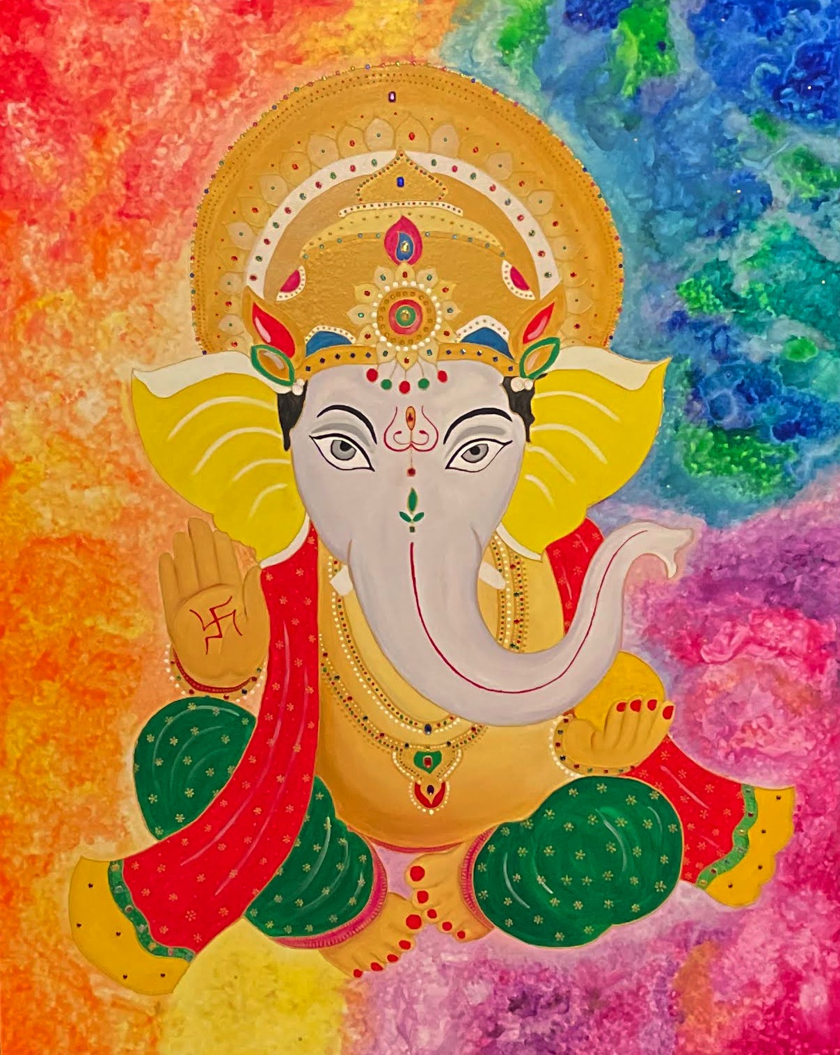 Divine Ganesha - textured acrylic and gold leaf painting